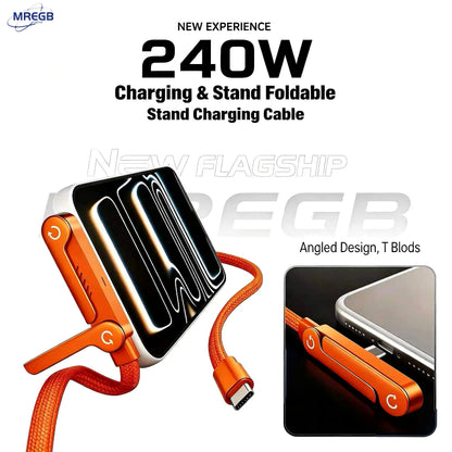 240W Ultra Fast Charging Cable – 2-in-1 Rotating Stand Cable for Gaming & Travel