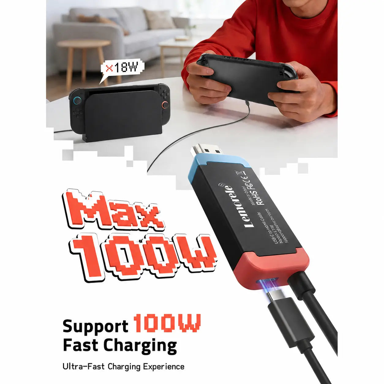 Lemorele L100 USB-C to HDMI Cable - 4K@60Hz HDR with Power Delivery Charging, Compatible with Nintendo Switch 2, Laptops, and Tablets