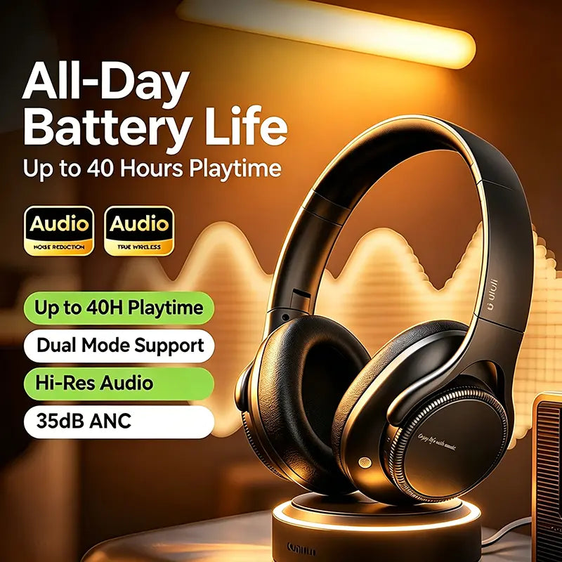 ANC Wireless over Ear Headphones Bluetooth 5.4 35Db Dual Feed Noise Cancelling Hi-Res Stereo Deep Bass Foldable Portable Headset 60H Long Playtime Wired Wireless Dual Mode Soft Memory Foam Earpads Built-In Mic Low Latency Headphones for Travel Work Study