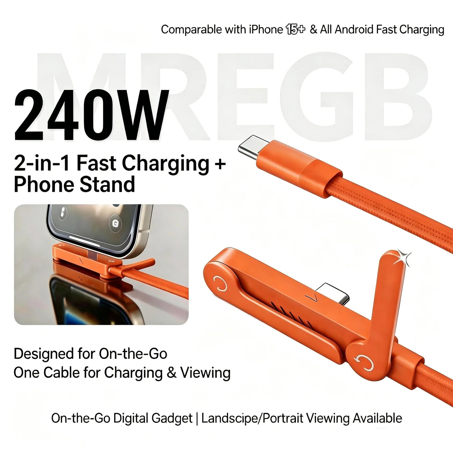 240W Ultra Fast Charging Cable – 2-in-1 Rotating Stand Cable for Gaming & Travel