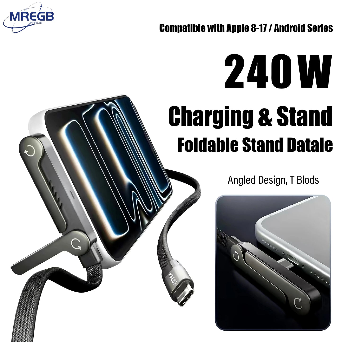 240W Ultra Fast Charging Cable – 2-in-1 Rotating Stand Cable for Gaming & Travel