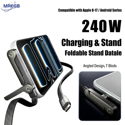 240W Ultra Fast Charging Cable – 2-in-1 Rotating Stand Cable for Gaming & Travel